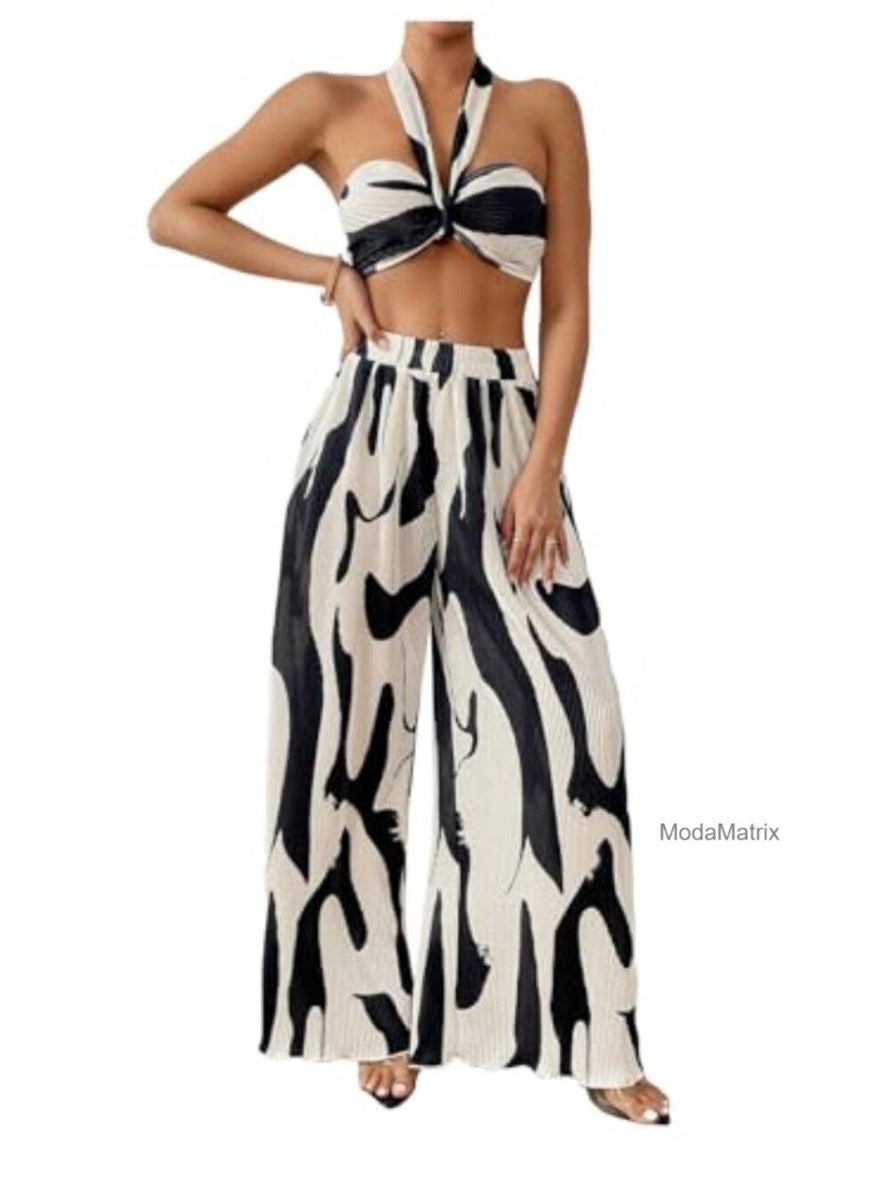 2 Piece Graphic Halter Top Wide Leg Pants Vacation Outfit
